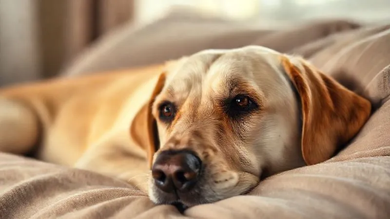 A photorealistic image of an old, wise-looking dog, perhaps a Labrador, lying comfortably on a soft bed, gazing thoughtfully into the distance, with a slight look of melancholy or contemplation. Soft, warm light illuminates its face. Professional photography, 8K, cinematic lighting, sharp focus on the dog's eyes, depth of field, shot on a high-end DSLR. A photorealistic image of an old, wise-looking dog, perhaps a Labrador, lying comfortably on a soft bed, gazing thoughtfully into the distance, with a slight look of melancholy or contemplation. Soft, warm light illuminates its face. Professional photography, 8K, cinematic lighting, sharp focus on the dog's eyes, depth of field, shot on a high-end DSLR.