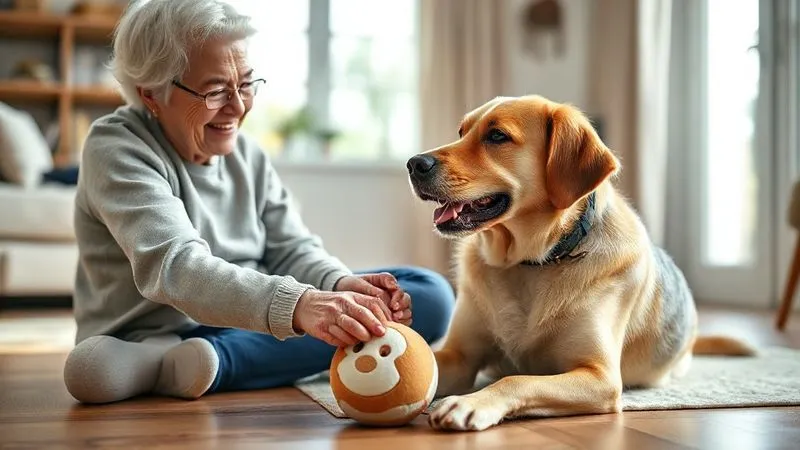 A heartwarming, photorealistic image of an elderly person gently playing with their senior dog using a soft, interactive toy on a sunlit living room floor. The person is smiling, and the dog looks content and engaged. The scene conveys warmth and companionship. Professional photography, 8K, cinematic lighting, sharp focus on the interaction, depth of field, shot on a high-end DSLR. A heartwarming, photorealistic image of an elderly person gently playing with their senior dog using a soft, interactive toy on a sunlit living room floor. The person is smiling, and the dog looks content and engaged. The scene conveys warmth and companionship. Professional photography, 8K, cinematic lighting, sharp focus on the interaction, depth of field, shot on a high-end DSLR.
