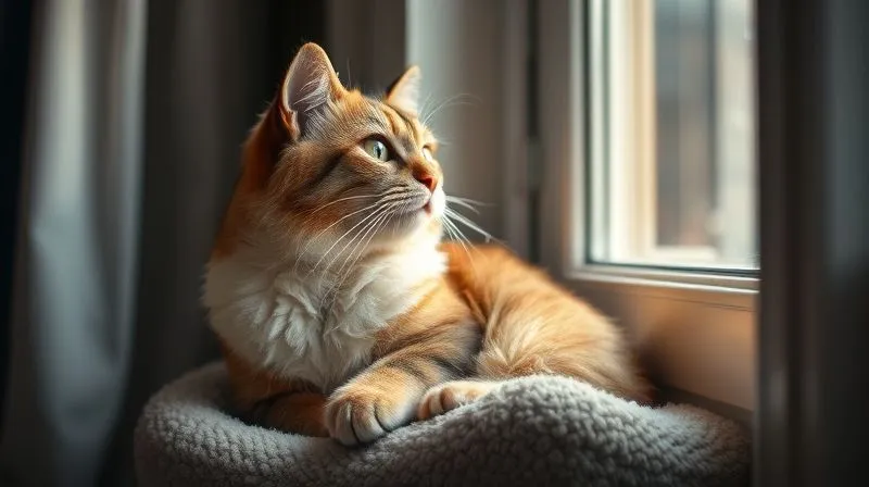 A photorealistic image of a senior cat looking wistfully out a window, with soft, diffused light highlighting its thoughtful expression. The cat is comfortably nestled on a soft, low perch, emphasizing ease of access. Cinematic lighting, sharp focus on the cat, depth of field blurring the background. Professional photography, 8K, shot on a high-end DSLR.