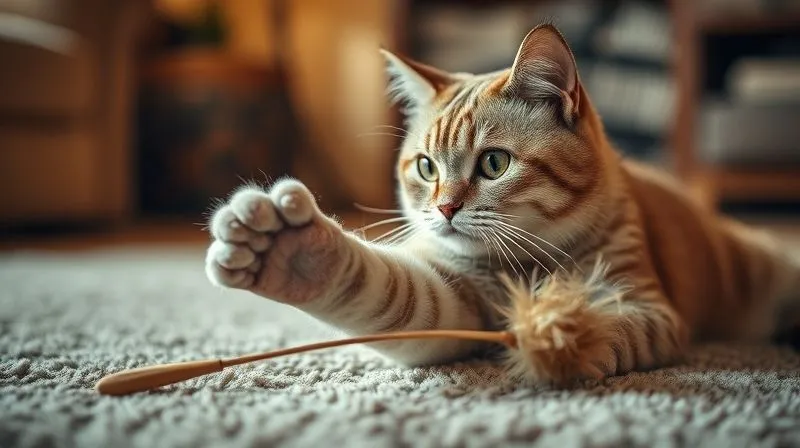 A photorealistic image of a senior cat, with a look of gentle curiosity, slowly reaching out a paw towards a soft feather wand toy being dragged slowly across a plush rug. The environment is calm and cozy, with warm, inviting light. Cinematic lighting, sharp focus on the cat and toy, shallow depth of field. Professional photography, 8K, shot on a high-end DSLR.