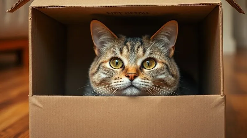 A photorealistic image of a senior cat peeking cautiously and curiously from inside a large, inviting cardboard box, with soft light illuminating its face. The box is placed on a warm, inviting floor. Cinematic lighting, sharp focus on the cat's face, depth of field blurring the background. Professional photography, 8K, shot on a high-end DSLR.