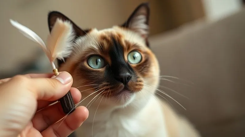 A photorealistic image of a senior Siamese cat, Mimi, with a newfound sparkle in her eyes, gently batting at a feather wand toy held by a caring human hand. The scene is warm and joyful, capturing a moment of playful interaction. Cinematic lighting, sharp focus on Mimi and the toy, depth of field blurring the background. Professional photography, 8K, shot on a high-end DSLR.