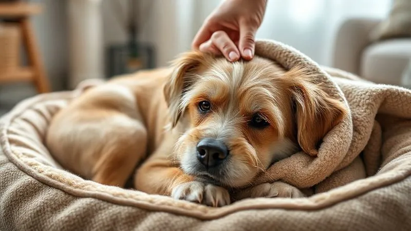 A photorealistic image of an elderly dog with a soft, warm blanket, looking calm and content, lying on a cushioned dog bed. A human hand is gently petting its head. The lighting is soft and inviting, emphasizing comfort and safety. Sharp focus on the dog and hand, depth of field blurring a cozy home background. 8K, professional photography, cinematic lighting, shot on a high-end DSLR. A photorealistic image of an elderly dog with a soft, warm blanket, looking calm and content, lying on a cushioned dog bed. A human hand is gently petting its head. The lighting is soft and inviting, emphasizing comfort and safety. Sharp focus on the dog and hand, depth of field blurring a cozy home background. 8K, professional photography, cinematic lighting, shot on a high-end DSLR.
