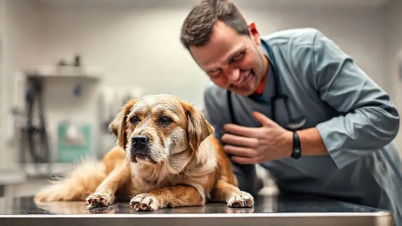 A photorealistic image of a veterinarian gently examining an elderly dog, with a compassionate expression. The dog is calm on the examination table. The background is a clean, modern vet clinic with soft, professional lighting. Sharp focus on the vet and dog, depth of field blurring medical equipment. 8K, professional photography, cinematic lighting, shot on a high-end DSLR. A photorealistic image of a veterinarian gently examining an elderly dog, with a compassionate expression. The dog is calm on the examination table. The background is a clean, modern vet clinic with soft, professional lighting. Sharp focus on the vet and dog, depth of field blurring medical equipment. 8K, professional photography, cinematic lighting, shot on a high-end DSLR.