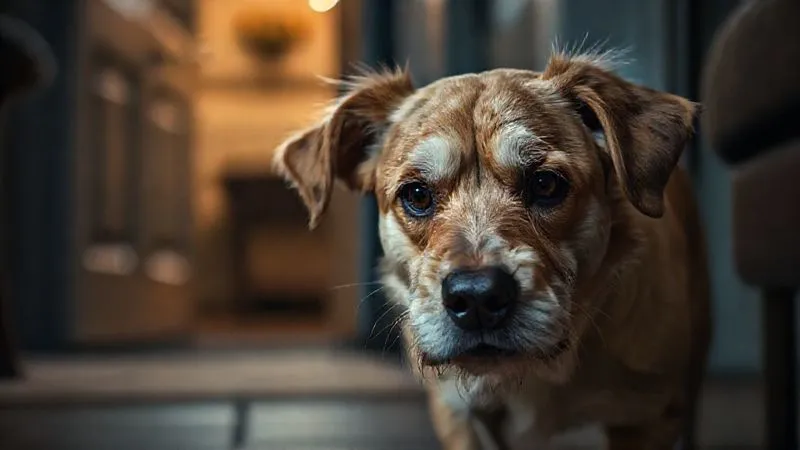 A photorealistic close-up of an elderly dog looking anxious and restless at night, perhaps pacing near a door, with soft, dim ambient light. Professional photography, 8K, cinematic lighting, sharp focus on the dog's worried expression, depth of field blurring the background, shot on a high-end DSLR. A photorealistic close-up of an elderly dog looking anxious and restless at night, perhaps pacing near a door, with soft, dim ambient light. Professional photography, 8K, cinematic lighting, sharp focus on the dog's worried expression, depth of field blurring the background, shot on a high-end DSLR.