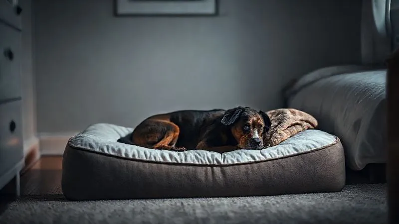 A photorealistic, cozy dog bed with an orthopedic mattress in a dimly lit, quiet corner of a bedroom, with a warm blanket folded neatly. Cinematic lighting creates a peaceful atmosphere, sharp focus on the bed, depth of field blurring the background. Professional photography, 8K, shot on a high-end DSLR. A photorealistic, cozy dog bed with an orthopedic mattress in a dimly lit, quiet corner of a bedroom, with a warm blanket folded neatly. Cinematic lighting creates a peaceful atmosphere, sharp focus on the bed, depth of field blurring the background. Professional photography, 8K, shot on a high-end DSLR.