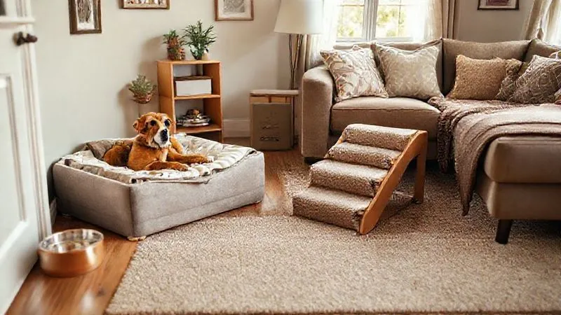 A photorealistic image of a cozy, organized home interior, with a senior dog's orthopedic bed in a corner, elevated food and water bowls, and a small, carpeted ramp leading up to a sofa. The scene is warm and inviting, showing thoughtful adaptations for an elderly pet. Cinematic lighting, sharp focus, depth of field, 8K, professional photography, shot on a high-end DSLR. A photorealistic image of a cozy, organized home interior, with a senior dog's orthopedic bed in a corner, elevated food and water bowls, and a small, carpeted ramp leading up to a sofa. The scene is warm and inviting, showing thoughtful adaptations for an elderly pet. Cinematic lighting, sharp focus, depth of field, 8K, professional photography, shot on a high-end DSLR.