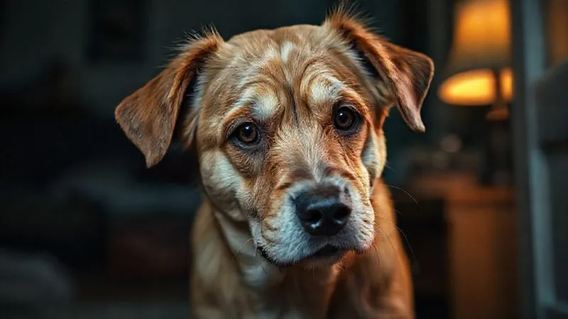 A photorealistic image of an elderly dog looking confused and slightly distressed in a dimly lit room, with a soft, warm light source highlighting its worried eyes. Professional photography, 8K, cinematic lighting, sharp focus, depth of field, shot on a high-end DSLR. A photorealistic image of an elderly dog looking confused and slightly distressed in a dimly lit room, with a soft, warm light source highlighting its worried eyes. Professional photography, 8K, cinematic lighting, sharp focus, depth of field, shot on a high-end DSLR.