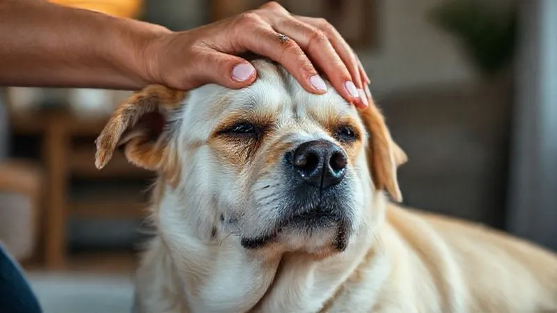 A photorealistic image of a human hand gently massaging the head and ears of an elderly, relaxed dog, with a soft, comforting expression on the dog's face. The setting is a calm, indoor environment with warm lighting. Professional photography, 8K, cinematic lighting, sharp focus, depth of field, shot on a high-end DSLR. A photorealistic image of a human hand gently massaging the head and ears of an elderly, relaxed dog, with a soft, comforting expression on the dog's face. The setting is a calm, indoor environment with warm lighting. Professional photography, 8K, cinematic lighting, sharp focus, depth of field, shot on a high-end DSLR.