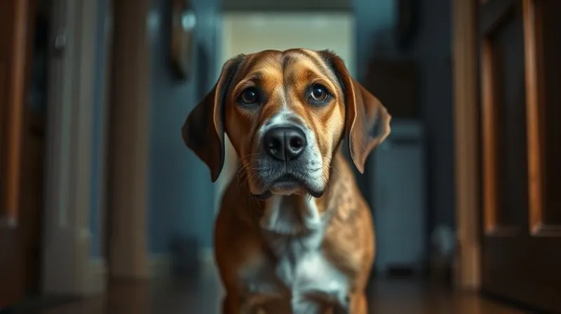 A photorealistic image of an elderly dog, perhaps a Beagle or a mixed breed, standing confusedly in a dimly lit hallway at night, looking slightly disoriented, with soft, sad eyes. The focus is sharp on the dog, with a gentle blur in the background of a familiar home environment, conveying a sense of lostness. Cinematic lighting, 8K hyper-detailed, professional photography, shot on a high-end DSLR. A photorealistic image of an elderly dog, perhaps a Beagle or a mixed breed, standing confusedly in a dimly lit hallway at night, looking slightly disoriented, with soft, sad eyes. The focus is sharp on the dog, with a gentle blur in the background of a familiar home environment, conveying a sense of lostness. Cinematic lighting, 8K hyper-detailed, professional photography, shot on a high-end DSLR.
