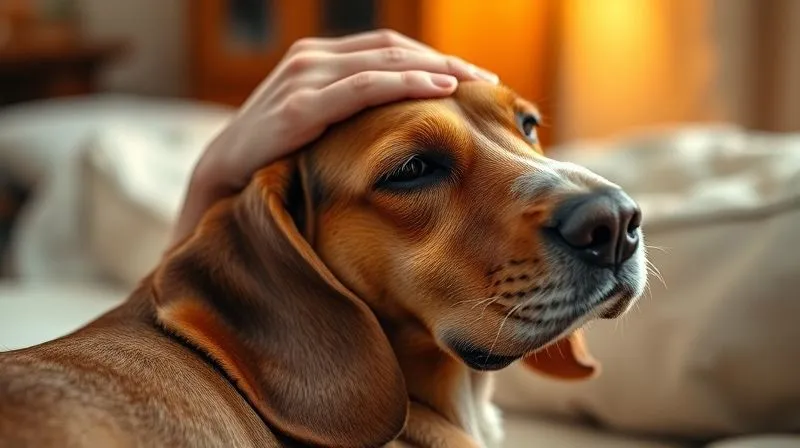 A photorealistic image of a human hand gently massaging the back or neck of an elderly dog, perhaps a Basset Hound or a Cavalier King Charles Spaniel, with a serene expression. The setting is a cozy indoor environment, with soft, warm lighting. The focus is on the comforting interaction between the hand and the dog, conveying peace and connection. Cinematic lighting, 8K hyper-detailed, professional photography, shot on a high-end DSLR. A photorealistic image of a human hand gently massaging the back or neck of an elderly dog, perhaps a Basset Hound or a Cavalier King Charles Spaniel, with a serene expression. The setting is a cozy indoor environment, with soft, warm lighting. The focus is on the comforting interaction between the hand and the dog, conveying peace and connection. Cinematic lighting, 8K hyper-detailed, professional photography, shot on a high-end DSLR.