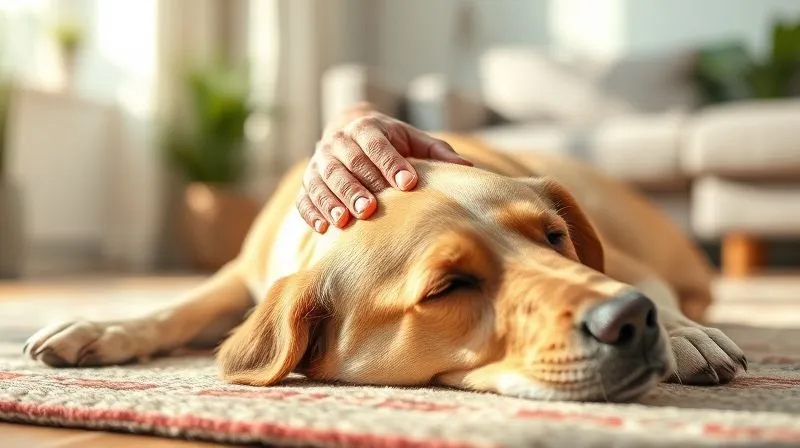 A photorealistic image of an elderly human hand gently caressing the head of an old, calm dog, perhaps a Labrador or Golden Retriever, lying peacefully on a rug in a sunlit living room. The interaction exudes deep affection, comfort, and the strong bond between human and pet. Soft, warm lighting, sharp focus on the hands and the dog's contented expression, depth of field blurring the background. 8K hyper-detailed, professional photography, shot on a high-end DSLR. A photorealistic image of an elderly human hand gently caressing the head of an old, calm dog, perhaps a Labrador or Golden Retriever, lying peacefully on a rug in a sunlit living room. The interaction exudes deep affection, comfort, and the strong bond between human and pet. Soft, warm lighting, sharp focus on the hands and the dog's contented expression, depth of field blurring the background. 8K hyper-detailed, professional photography, shot on a high-end DSLR.