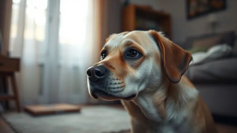 A photorealistic image of an elderly dog looking confused or slightly disoriented in a dimly lit room, with soft, ambient light, conveying a sense of vulnerability, shot on a high-end DSLR with sharp focus, 8K. A photorealistic image of an elderly dog looking confused or slightly disoriented in a dimly lit room, with soft, ambient light, conveying a sense of vulnerability, shot on a high-end DSLR with sharp focus, 8K.