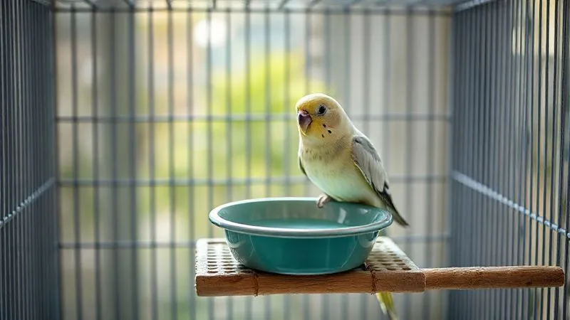 Photorealistic, professional photography, 8K, cinematic lighting, sharp focus, depth of field, shot on a high-end DSLR. An interior view of a bird cage showing accessible food and water dishes. The dishes are wide, shallow, and placed on a low-level platform perch, easily reachable by an elderly bird. The setup conveys ease of access and comfort. Soft, natural lighting. Photorealistic, professional photography, 8K, cinematic lighting, sharp focus, depth of field, shot on a high-end DSLR. An interior view of a bird cage showing accessible food and water dishes. The dishes are wide, shallow, and placed on a low-level platform perch, easily reachable by an elderly bird. The setup conveys ease of access and comfort. Soft, natural lighting.