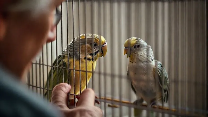 Photorealistic, professional photography, 8K, cinematic lighting, sharp focus, depth of field, shot on a high-end DSLR. A gentle, empathetic scene of a bird owner carefully observing their elderly pet bird inside its adapted cage. The owner's hand is near the cage, showing care, while the bird is calm and comfortable. The focus is on the interaction and the owner's attentive gaze, conveying vigilance and love. Photorealistic, professional photography, 8K, cinematic lighting, sharp focus, depth of field, shot on a high-end DSLR. A gentle, empathetic scene of a bird owner carefully observing their elderly pet bird inside its adapted cage. The owner's hand is near the cage, showing care, while the bird is calm and comfortable. The focus is on the interaction and the owner's attentive gaze, conveying vigilance and love.
