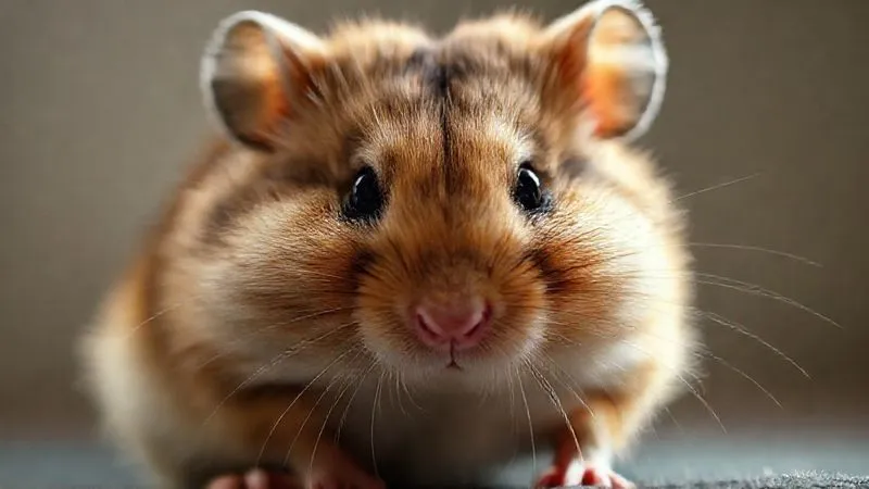 A photorealistic close-up of an elderly hamster with a slightly hunched posture, showing subtle signs of discomfort or stiffness, perhaps a slightly duller coat. The lighting is soft but highlights the animal's delicate features, conveying empathy and vulnerability. Sharp focus on the hamster's eyes, with a shallow depth of field. Professional photography, 8K hyper-detailed, cinematic lighting.