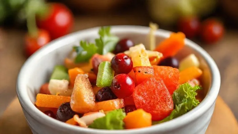 A photorealistic close-up of a small, clean ceramic bowl filled with a colorful mix of healthy, fresh vegetables and a few small berries, suitable for a rodent. The focus is on the vibrant, natural ingredients, suggesting a nutritious diet. Soft, natural lighting, sharp focus on the food, depth of field blurring the background. Professional photography, 8K hyper-detailed.