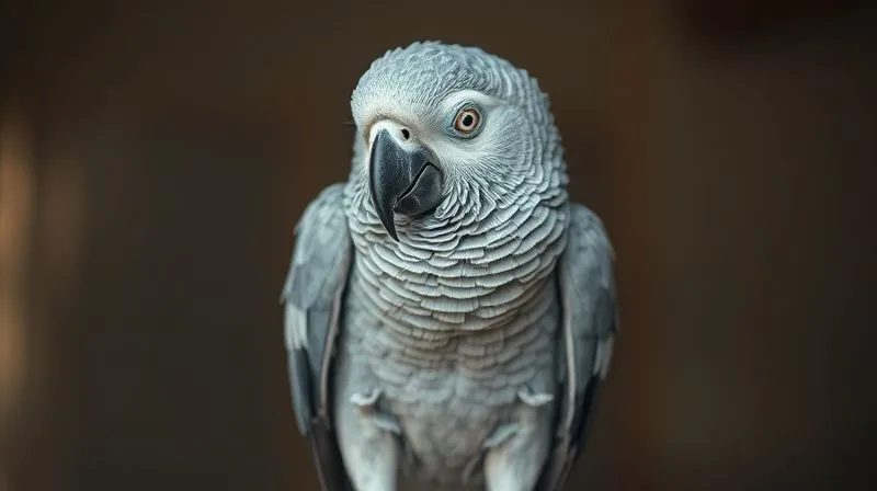A photorealistic image of an elderly parrot, perhaps a grey parrot or cockatoo, sitting quietly on a perch, looking slightly disheveled and less active than a younger bird, with a subtle expression of discomfort or introspection. The lighting is soft and natural, emphasizing the bird's posture. Professional photography, 8K, cinematic lighting, sharp focus, depth of field.