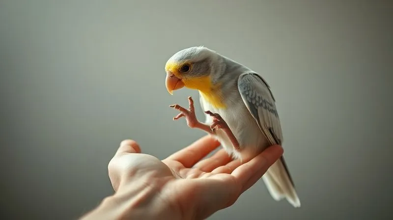 A photorealistic image of a gentle human hand supporting an elderly bird's foot, demonstrating a very light, careful stretching exercise. The bird looks calm and trusting, with soft, diffuse cinematic lighting. Sharp focus on the interaction, depth of field blurring a clean, professional background. Professional photography, 8K, shot on a high-end DSLR.