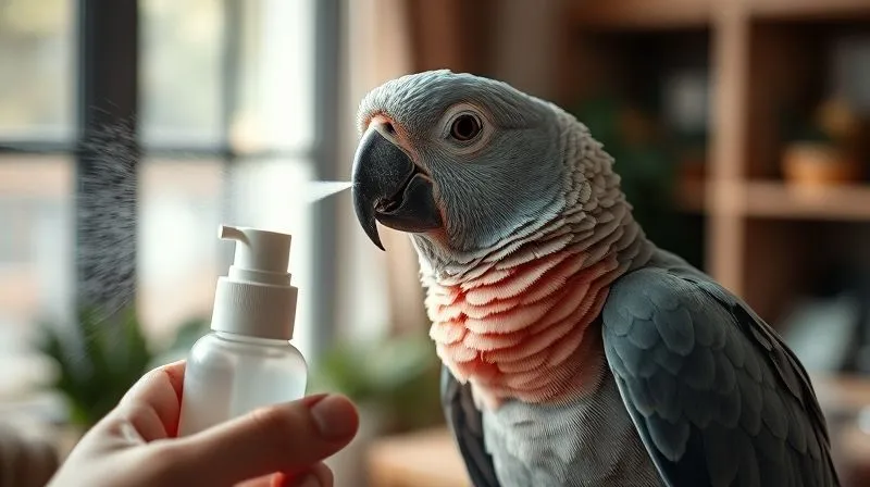 A photorealistic image of an elderly parrot gently misting itself with warm water from a fine spray bottle held by a caring hand, its feathers slightly damp and looking refreshed. The bird's expression is calm and content. Cinematic lighting, sharp focus on the bird, depth of field blurring a cozy indoor setting. Professional photography, 8K, shot on a high-end DSLR.
