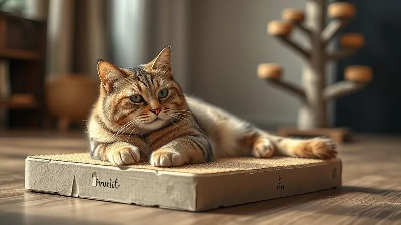 A photorealistic, professional photography, 8K, cinematic lighting, sharp focus, depth of field shot of an elderly cat comfortably using a low-lying, horizontal scratching pad made of cardboard, with another cat tree in the background demonstrating the contrast. The cat looks relaxed and content, with soft, natural light illuminating the scene. The focus is on the cat's contented expression and the ease of access to the scratching surface. A photorealistic, professional photography, 8K, cinematic lighting, sharp focus, depth of field shot of an elderly cat comfortably using a low-lying, horizontal scratching pad made of cardboard, with another cat tree in the background demonstrating the contrast. The cat looks relaxed and content, with soft, natural light illuminating the scene. The focus is on the cat's contented expression and the ease of access to the scratching surface.