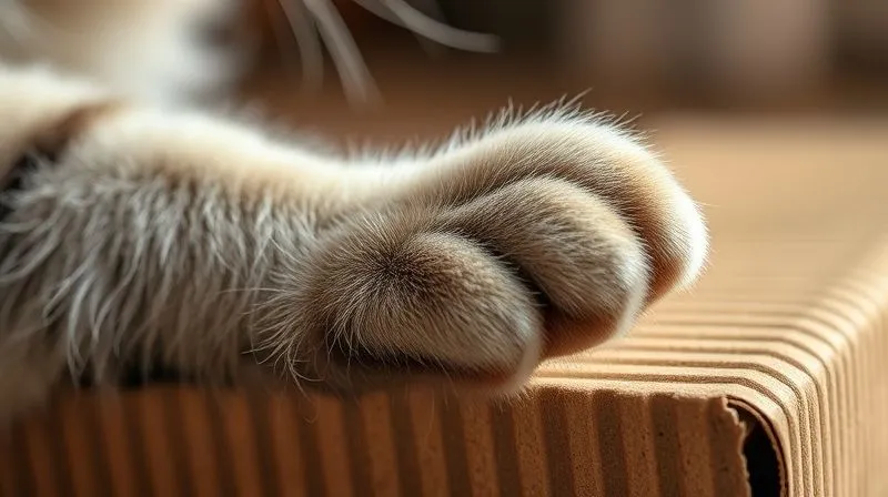 A photorealistic image showing a close-up of an elderly cat's paw gently engaging with a corrugated cardboard scratching pad. The texture of the cardboard is clearly visible, and the cat's claws are extended but not overly stressed. Soft, warm lighting highlights the details of the paw and the scratching surface, conveying comfort and ease. professional photography, 8K, sharp focus, depth of field. A photorealistic image showing a close-up of an elderly cat's paw gently engaging with a corrugated cardboard scratching pad. The texture of the cardboard is clearly visible, and the cat's claws are extended but not overly stressed. Soft, warm lighting highlights the details of the paw and the scratching surface, conveying comfort and ease. professional photography, 8K, sharp focus, depth of field.