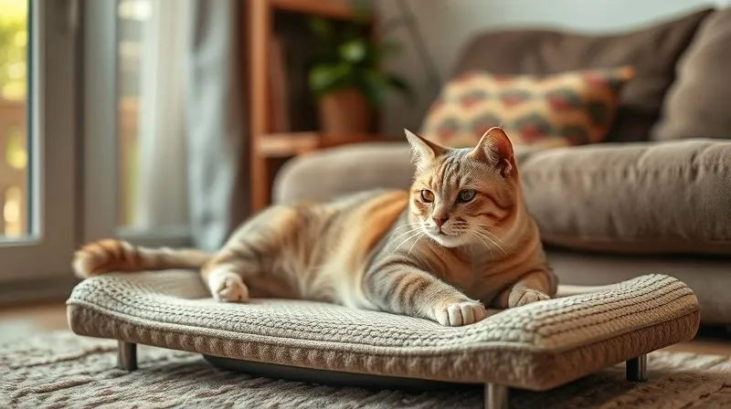 A photorealistic image of a cozy living room corner with soft, warm lighting. An elderly, contented cat is seen stretching and using a low-profile, sturdy scratching pad placed right next to its favorite plush bed. The scene conveys comfort, accessibility, and a sense of belonging. professional photography, 8K, sharp focus, depth of field. A photorealistic image of a cozy living room corner with soft, warm lighting. An elderly, contented cat is seen stretching and using a low-profile, sturdy scratching pad placed right next to its favorite plush bed. The scene conveys comfort, accessibility, and a sense of belonging. professional photography, 8K, sharp focus, depth of field.