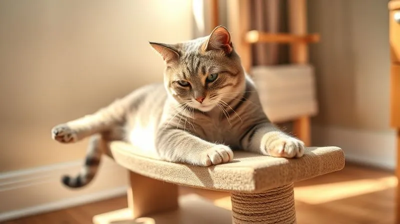 A photorealistic, professional photography of a senior cat comfortably using a low-profile, stable scratcher. The cat is stretching gently, with its claws engaged on the scratcher's surface. The setting is a quiet, sunlit corner of a room, emphasizing ease of access and tranquility. Cinematic lighting, sharp focus on the cat and scratcher, depth of field blurring the background, 8K hyper-detailed, shot on a high-end DSLR. A photorealistic, professional photography of a senior cat comfortably using a low-profile, stable scratcher. The cat is stretching gently, with its claws engaged on the scratcher's surface. The setting is a quiet, sunlit corner of a room, emphasizing ease of access and tranquility. Cinematic lighting, sharp focus on the cat and scratcher, depth of field blurring the background, 8K hyper-detailed, shot on a high-end DSLR.