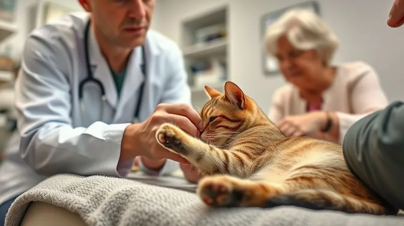 A photorealistic, professional photography of a veterinarian gently examining the paw and leg of a senior cat, while the cat rests comfortably on a soft blanket. The vet is explaining something to the cat's owner, who looks concerned but hopeful. The scene is in a clean, well-lit veterinary clinic, emphasizing professional care and trust. Cinematic lighting, sharp focus on the vet and cat, depth of field blurring the background, 8K hyper-detailed, shot on a high-end DSLR. A photorealistic, professional photography of a veterinarian gently examining the paw and leg of a senior cat, while the cat rests comfortably on a soft blanket. The vet is explaining something to the cat's owner, who looks concerned but hopeful. The scene is in a clean, well-lit veterinary clinic, emphasizing professional care and trust. Cinematic lighting, sharp focus on the vet and cat, depth of field blurring the background, 8K hyper-detailed, shot on a high-end DSLR.