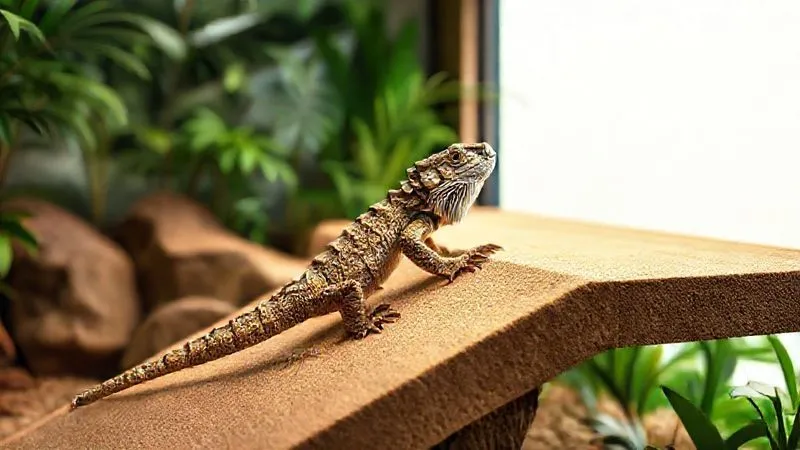 A photorealistic, professional photography image of a meticulously designed reptile terrarium interior. A smooth, wide, low-gradient ramp made of natural-looking, non-slip material leads up to a flat, accessible basking platform. An elderly, gentle bearded dragon is slowly ascending the ramp. Cinematic lighting highlights the texture of the ramp and the reptile's careful movement. 8K, sharp focus on the ramp and reptile, depth of field blurring the background foliage, shot on a high-end DSLR. A photorealistic, professional photography image of a meticulously designed reptile terrarium interior. A smooth, wide, low-gradient ramp made of natural-looking, non-slip material leads up to a flat, accessible basking platform. An elderly, gentle bearded dragon is slowly ascending the ramp. Cinematic lighting highlights the texture of the ramp and the reptile's careful movement. 8K, sharp focus on the ramp and reptile, depth of field blurring the background foliage, shot on a high-end DSLR.