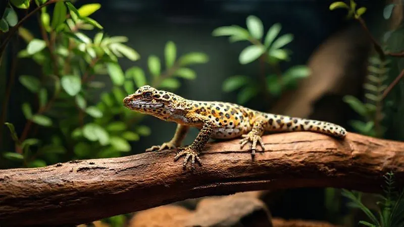 A photorealistic, professional photography image of an adapted enrichment setup in a reptile terrarium. An elderly leopard gecko is gently exploring a low-level, smooth, natural branch with wide, stable platforms. Soft, natural foliage provides cover. Cinematic lighting creates a peaceful atmosphere. 8K, sharp focus on the gecko and the adapted branch, depth of field blurring the terrarium walls, shot on a high-end DSLR. A photorealistic, professional photography image of an adapted enrichment setup in a reptile terrarium. An elderly leopard gecko is gently exploring a low-level, smooth, natural branch with wide, stable platforms. Soft, natural foliage provides cover. Cinematic lighting creates a peaceful atmosphere. 8K, sharp focus on the gecko and the adapted branch, depth of field blurring the terrarium walls, shot on a high-end DSLR.