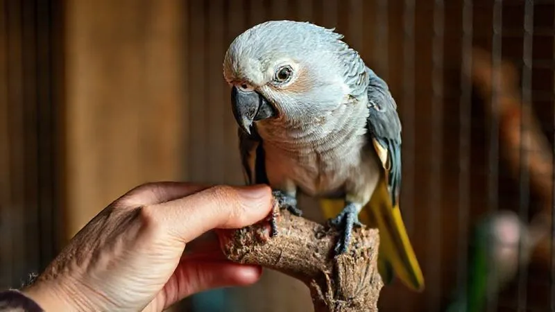 A close-up, photorealistic image of a bird owner's hand gently guiding the foot of an elderly, blind parrot onto a stable, textured perch. The bird's eyes are clouded but its posture is relaxed, showing trust. Soft, warm lighting, sharp focus on the interaction, depth of field blurring the background of a safe, adapted bird enclosure. Professional photography, 8K, cinematic lighting, shot on a high-end DSLR, conveying care and guidance.