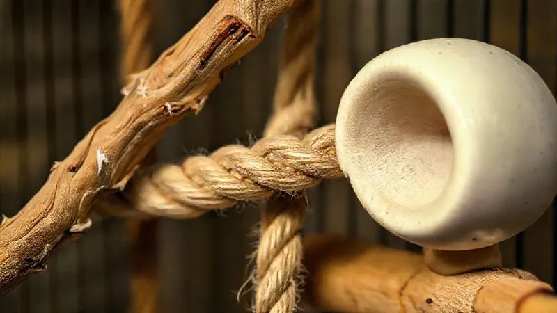A photorealistic close-up of a variety of bird perches with distinct textures: a rough natural branch, a braided cotton rope, and a smooth, cool ceramic perch, all arranged safely within a bird enclosure. Cinematic lighting highlights the different surfaces, sharp focus on the textures, depth of field blurring the background. Professional photography, 8K, shot on a high-end DSLR, emphasizing tactile stimulation for a blind bird.