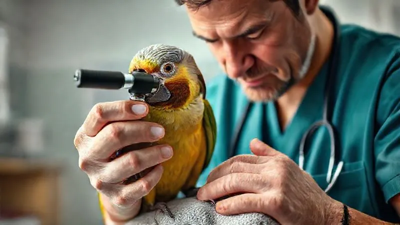 A photorealistic image of an avian veterinarian gently examining an elderly parrot's eye with a specialized instrument, while the bird is calmly perched on a towel. The vet's face shows concentration and empathy. Clinical but warm lighting, sharp focus on the bird and vet's hands, depth of field blurring the background of a clean veterinary clinic. Professional photography, 8K, cinematic lighting, shot on a high-end DSLR, emphasizing expert care and health monitoring.