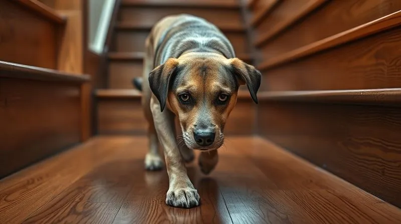A photorealistic, professional photography, 8K, cinematic lighting, sharp focus, depth of field, shot on a high-end DSLR, showing an older, mixed-breed dog cautiously approaching a wooden staircase with slick, uncarpeted steps. The dog's eyes show apprehension, and its posture is low, conveying the challenge and fear it faces. The lighting highlights the glossy surface of the steps, emphasizing the danger of slipping.