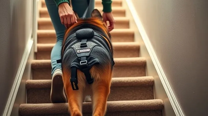 A photorealistic, professional photography, 8K, cinematic lighting, sharp focus, depth of field, shot on a high-end DSLR, showing a senior German Shepherd wearing a supportive rear-end harness, being gently assisted by its owner to ascend a carpeted staircase. The owner's hands are on the harness, providing stability, and the dog looks comfortable and focused on the ascent. The scene conveys partnership and gentle assistance.