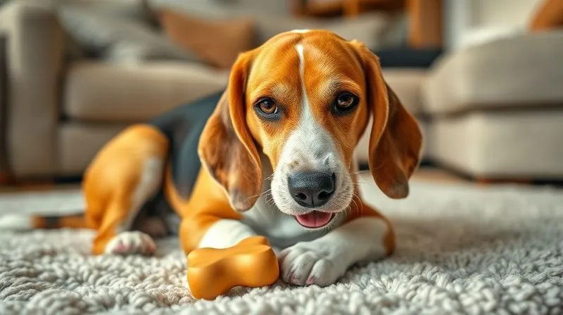 A photorealistic, professional photography, 8K, cinematic lighting, sharp focus, depth of field, shot on a high-end DSLR, showing an elderly Beagle, with a slightly grey muzzle, happily engaged with a puzzle toy on a soft rug. The dog's eyes are bright and focused, indicating mental stimulation and enjoyment. The background is a cozy living room, emphasizing comfort and a low-stress environment.