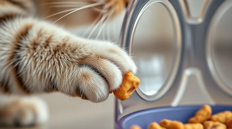 A photorealistic close-up of an elderly cat's paw gently nudging a treat through a transparent, simple maze feeder, with its whiskers twitching in concentration. Soft, natural light illuminates the scene, highlighting the texture of the paw and the maze. Professional photography, 8K, sharp focus, depth of field, shot on a high-end DSLR.
