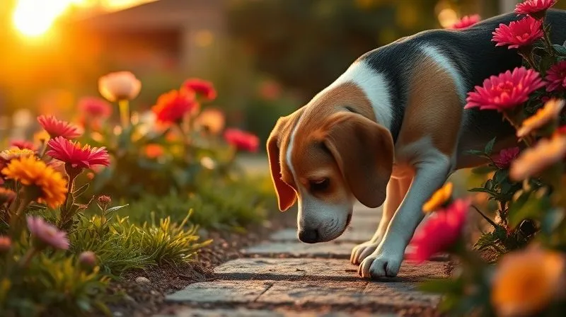 A photorealistic image of an elderly beagle sniffing intently along a garden path, its nose to the ground, surrounded by vibrant, pet-safe flowers. The sun is setting, casting warm, golden light. Professional photography, 8K, sharp focus on the dog, depth of field, shot on a high-end DSLR.