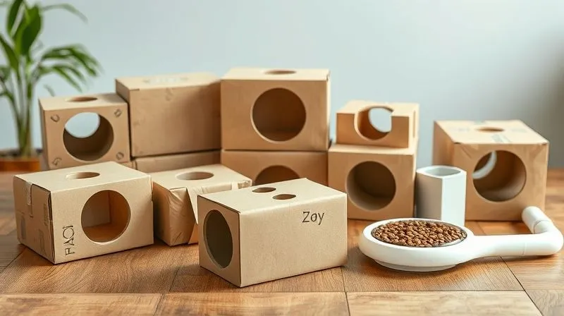 A photorealistic image of various DIY pet puzzle feeders made from recycled cardboard boxes and PVC pipes, arranged neatly on a wooden table. The lighting is bright and natural, highlighting the textures and simple construction. Professional photography, 8K, sharp focus, depth of field, shot on a high-end DSLR.
