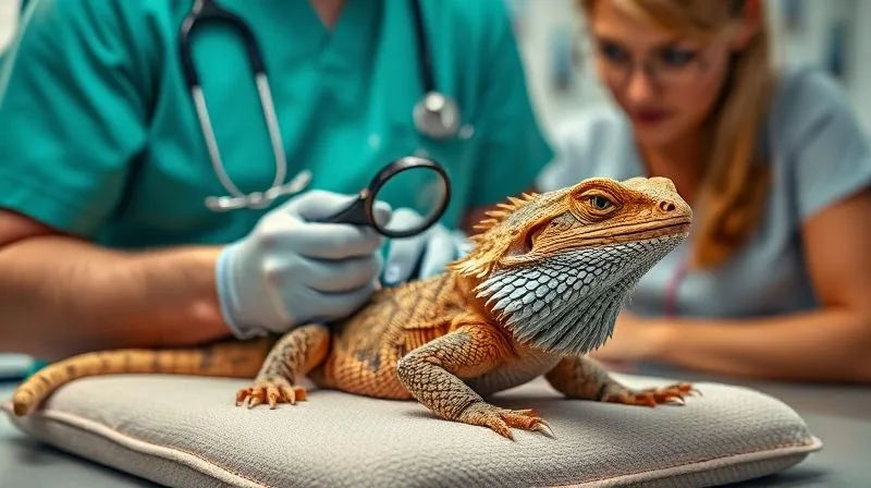 A photorealistic image of a veterinarian specializing in exotic pets gently examining an elderly bearded dragon on a soft, padded surface. The vet is wearing gloves and using a magnifying glass, while the owner looks on with concern and care. The background is a clean, professional clinic setting, 8K, cinematic lighting, sharp focus, depth of field, shot on a high-end DSLR.