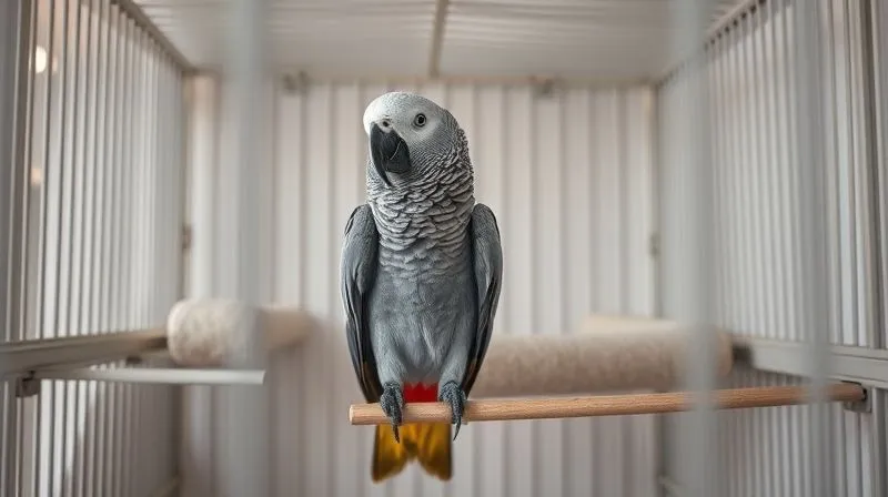 A photorealistic, professional photography, 8K, cinematic lighting, sharp focus, depth of field, shot on a high-end DSLR of a meticulously adapted bird cage interior. Soft, wide, low-set perches are visible, with cushioned platforms strategically placed below. An elderly, calm African Grey Parrot is gently perched, looking comfortable and secure. The lighting is soft and natural, emphasizing safety and comfort.