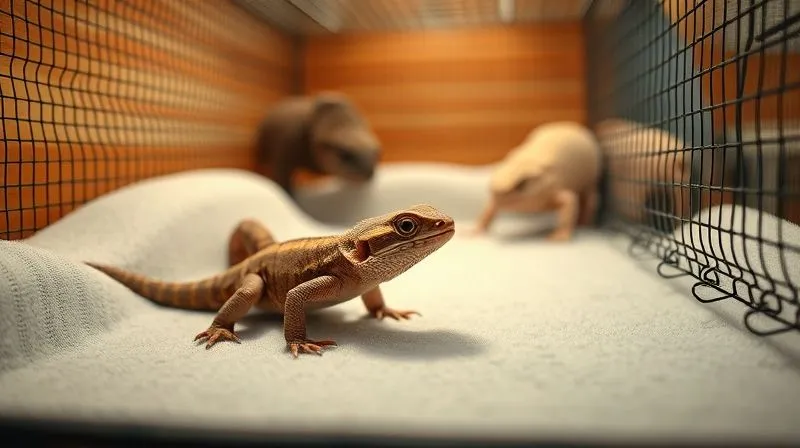 A photorealistic, professional photography, 8K, cinematic lighting, sharp focus, depth of field, shot on a high-end DSLR of a secure, adapted habitat for an elderly exotic pet. The image features soft, padded flooring, low-gradient ramps, and strategically placed safety netting or soft barriers along edges, ensuring fall prevention. A small, gentle reptile or amphibian is moving slowly and safely within the comfortable environment. The scene conveys meticulous care and safety.