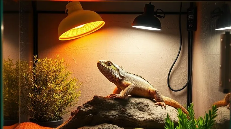 A photorealistic, professional photography image of a perfectly set up terrarium for an elderly reptile, showcasing a well-positioned UVB lamp and a heat lamp over a basking spot, with soft, natural light filling the enclosure. Sharp focus on the lighting fixtures and the comfortable, accessible environment below. Cinematic lighting, 8K hyper-detailed, shot on a high-end DSLR, emphasizing optimal light and warmth distribution. A photorealistic, professional photography image of a perfectly set up terrarium for an elderly reptile, showcasing a well-positioned UVB lamp and a heat lamp over a basking spot, with soft, natural light filling the enclosure. Sharp focus on the lighting fixtures and the comfortable, accessible environment below. Cinematic lighting, 8K hyper-detailed, shot on a high-end DSLR, emphasizing optimal light and warmth distribution.