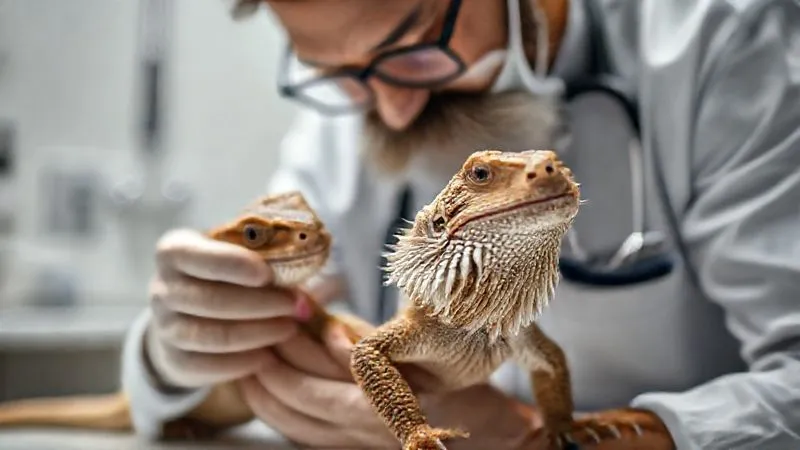 A photorealistic image of a veterinarian gently examining the leg of an elderly bearded dragon, with a focus on empathy and professional care, against a clean, clinical background. Cinematic lighting, sharp focus on the interaction, depth of field. 8K, shot on a high-end DSLR.