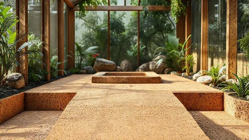 A photorealistic, detailed image of a terrarium interior showing a gentle, wide ramp made of natural cork, leading to a low-level basking platform. The ramp has textured surface for grip. Cinematic lighting, sharp focus on the ramp and platform, depth of field. 8K, shot on a high-end DSLR.