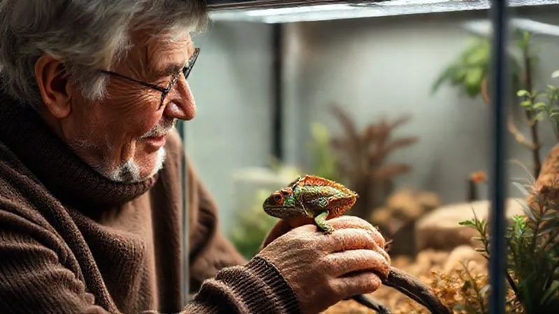 A photorealistic, comforting scene of a senior pet owner gently observing their elderly chameleon (or similar exotic reptile) in a well-maintained terrarium, with a soft, caring expression. The terrarium is clean and features adapted elements. Cinematic lighting, sharp focus on the interaction and the reptile, depth of field. 8K, shot on a high-end DSLR.
