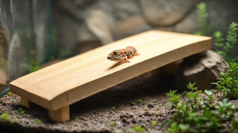 Photorealistic, professional photography, 8K, cinematic lighting, sharp focus, depth of field, shot on a high-end DSLR. Close-up of a meticulously crafted DIY terrarium ramp, made of smooth, light-colored wood with a subtle non-slip textured surface. The ramp has a very gentle incline, connecting a low platform to the main substrate. Lush, safe terrarium plants are visible around the base, and soft, diffused light illuminates the scene, emphasizing safety and accessibility for a senior reptile. Evokes a sense of thoughtful design and care. Photorealistic, professional photography, 8K, cinematic lighting, sharp focus, depth of field, shot on a high-end DSLR. Close-up of a meticulously crafted DIY terrarium ramp, made of smooth, light-colored wood with a subtle non-slip textured surface. The ramp has a very gentle incline, connecting a low platform to the main substrate. Lush, safe terrarium plants are visible around the base, and soft, diffused light illuminates the scene, emphasizing safety and accessibility for a senior reptile. Evokes a sense of thoughtful design and care.