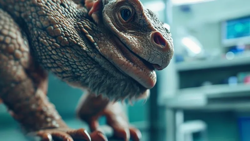 A photorealistic close-up of an elderly bearded dragon's leg joint, slightly swollen and discolored, with a concerned human hand gently touching it. The background is a blurred veterinary examination room, cinematic lighting, sharp focus on the joint, depth of field, 8K hyper-detailed, professional photography, shot on a high-end DSLR. A photorealistic close-up of an elderly bearded dragon's leg joint, slightly swollen and discolored, with a concerned human hand gently touching it. The background is a blurred veterinary examination room, cinematic lighting, sharp focus on the joint, depth of field, 8K hyper-detailed, professional photography, shot on a high-end DSLR.