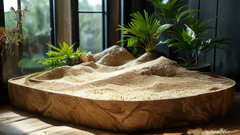 A photorealistic image of a terrarium interior focused on a gentle, wide ramp made of natural cork leading to a low-level basking platform. The substrate is soft, fine coco fiber. Cinematic lighting, sharp focus on the ramp, depth of field, 8K hyper-detailed, professional photography, shot on a high-end DSLR. A photorealistic image of a terrarium interior focused on a gentle, wide ramp made of natural cork leading to a low-level basking platform. The substrate is soft, fine coco fiber. Cinematic lighting, sharp focus on the ramp, depth of field, 8K hyper-detailed, professional photography, shot on a high-end DSLR.